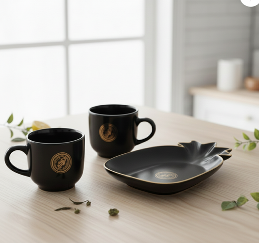 Paatra | Ceramic Coffee Mugs & Pineapple Shaped Saucer Gift Box | 3 Piece Set | (Black/Gold)