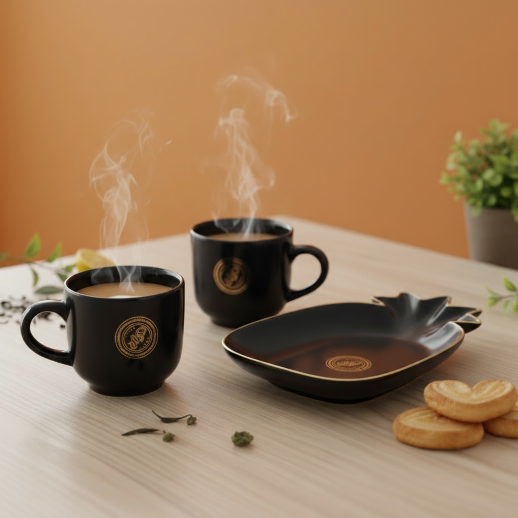 Paatra | Ceramic Coffee Mugs & Pineapple Shaped Saucer Gift Box | 3 Piece Set | (Black/Gold)