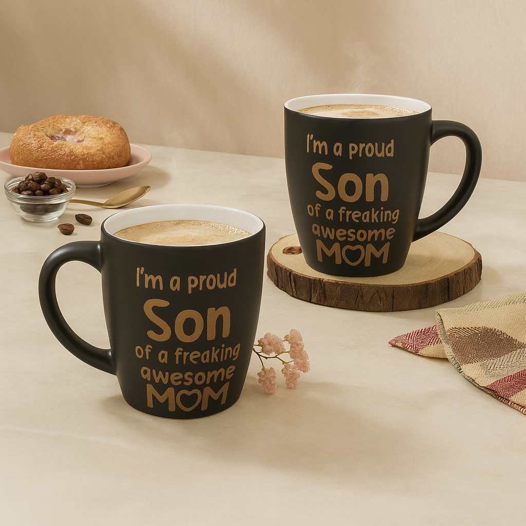 Paatra | Premium Matte Black Printed Ceramic Coffee Mug Set | Gift for Mom | 330ml