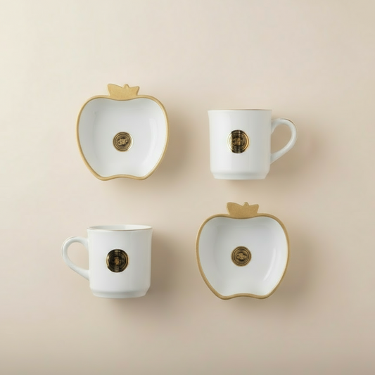 Paatra | Ceramic Coffee Mugs & Apple-Shaped Bowls Gift Box | 4 Piece Set| (White/Gold)