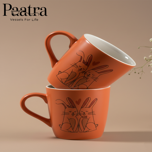 Paatra | Rich Orange Ceramic Printed Coffee Mugs Set of 2 (Capacity-320 ml, Orange)