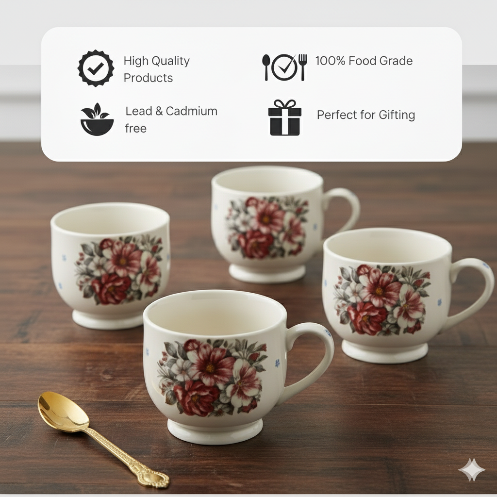 Paatra | Red Floral Ceramic Tea & Coffee Cups Gift Set | 6-Piece Cups Collection