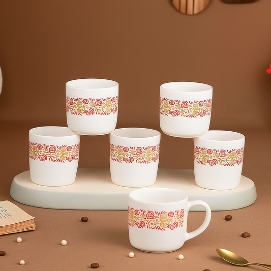 Paatra | 6-Piece Red & Gold Floral Ceramic Cups Gift Set