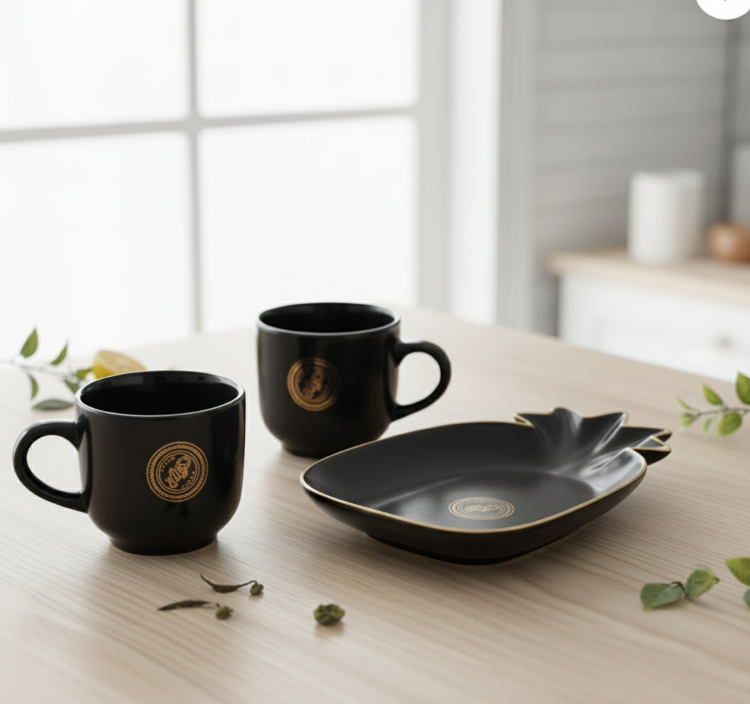 Paatra | Ceramic Coffee Mugs & Pineapple Shaped Saucer Gift Box | 3 Piece Set | (Black/Gold)