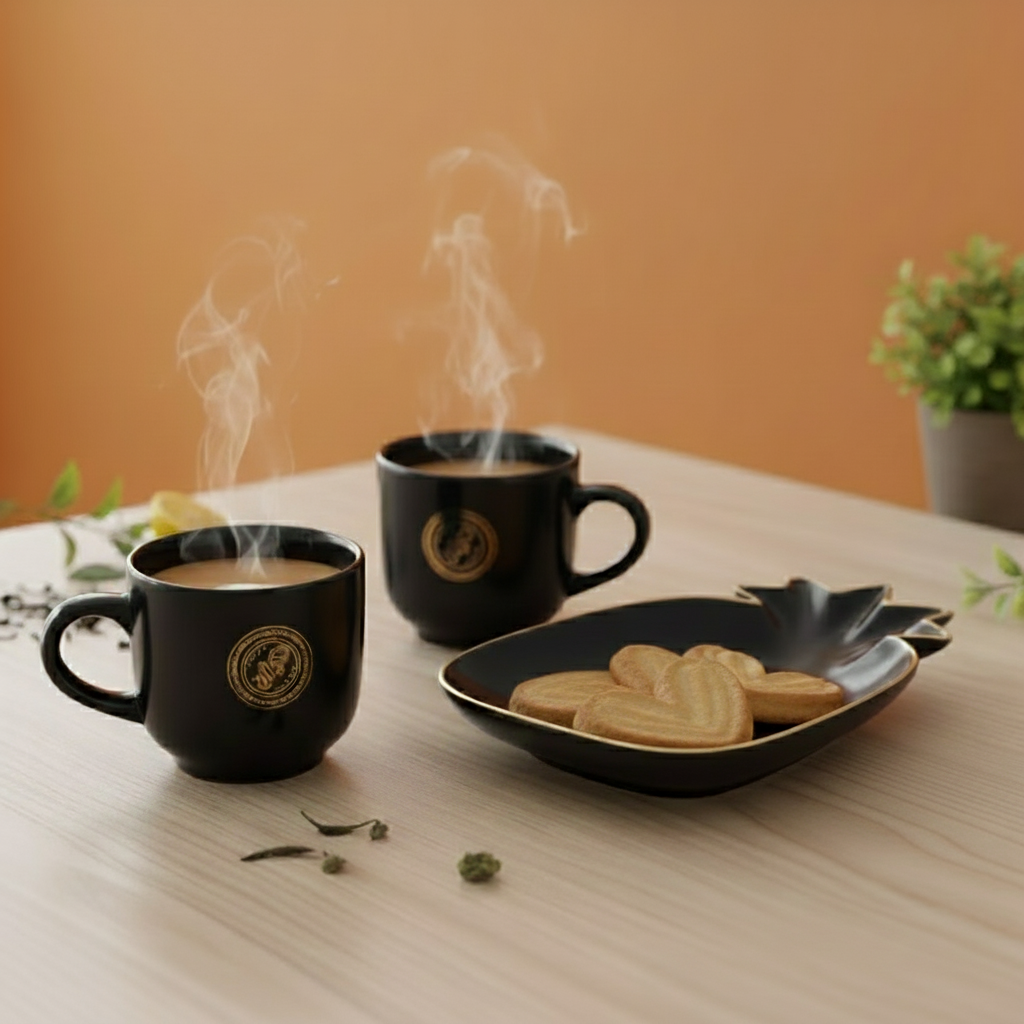 Paatra | Ceramic Coffee Mugs & Pineapple Shaped Saucer Gift Box | 3 Piece Set | (Black/Gold)