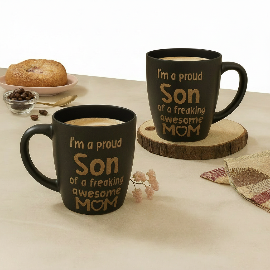 Paatra | Premium Matte Black Printed Ceramic Coffee Mug Set | Gift for Mom | 330ml