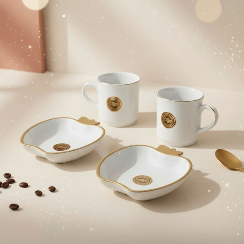 Paatra | Ceramic Coffee Mugs & Apple-Shaped Bowls Gift Box  | 4 Piece Set| (White/Gold)