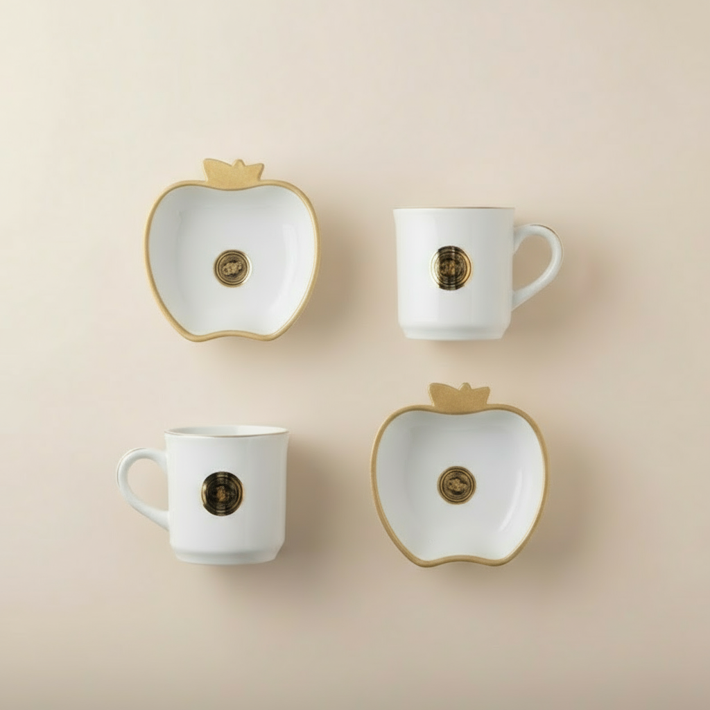 Paatra | Ceramic Coffee Mugs & Apple-Shaped Bowls Gift Box  | 4 Piece Set| (White/Gold)