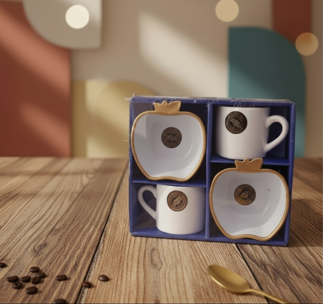 Paatra | Ceramic Coffee Mugs & Apple-Shaped Bowls Gift Box  | 4 Piece Set| (White/Gold)