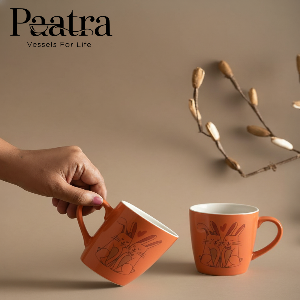 Paatra | Rich Orange Ceramic Printed Coffee Mugs Set of 2 (Capacity-320 ml, Orange)