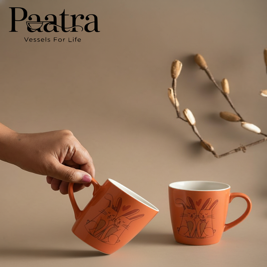 Paatra | Rich Orange Ceramic Printed Coffee Mugs Set of 2 (Capacity-320 ml, Orange)