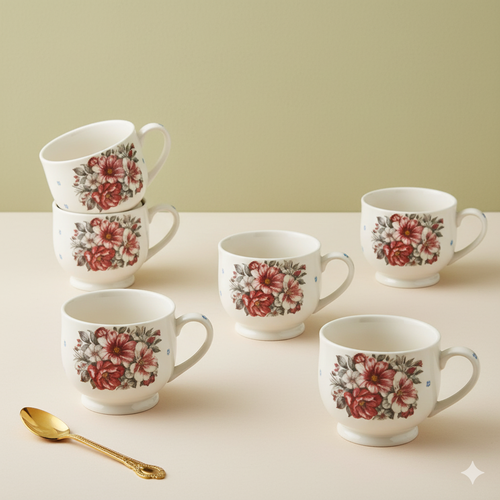 Paatra | Red Floral Ceramic Tea & Coffee Cups Gift Set | 6-Piece Cups Collection