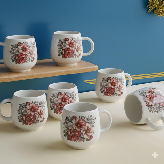 Paatra | Red Floral Ceramic Tea & Coffee Cups Gift Set | 6-Piece Cups Collection