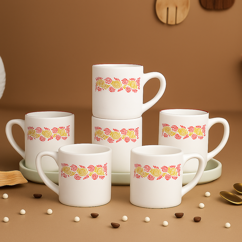 Paatra | 6-Piece Red & Gold Floral Ceramic Cups Gift Set