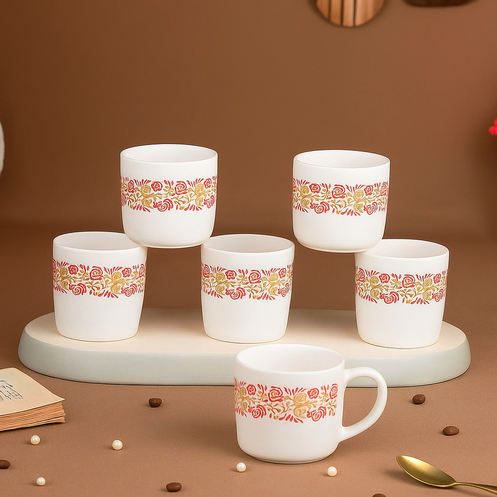 Paatra | 6-Piece Red & Gold Floral Ceramic Cups Gift Set