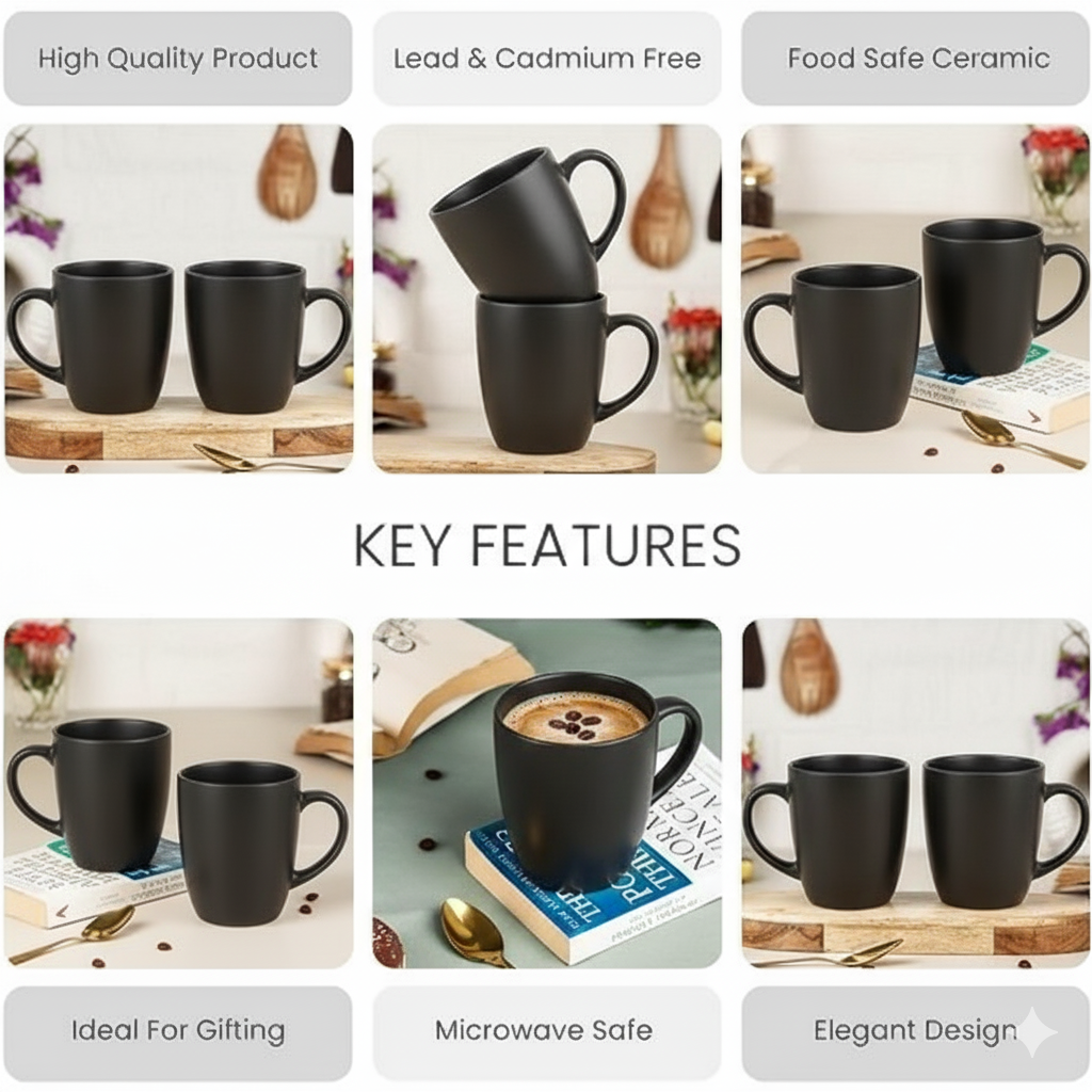 Paatra | Premium Matte Black Ceramic Coffee Mug Set of 2 | For Home & Office Use